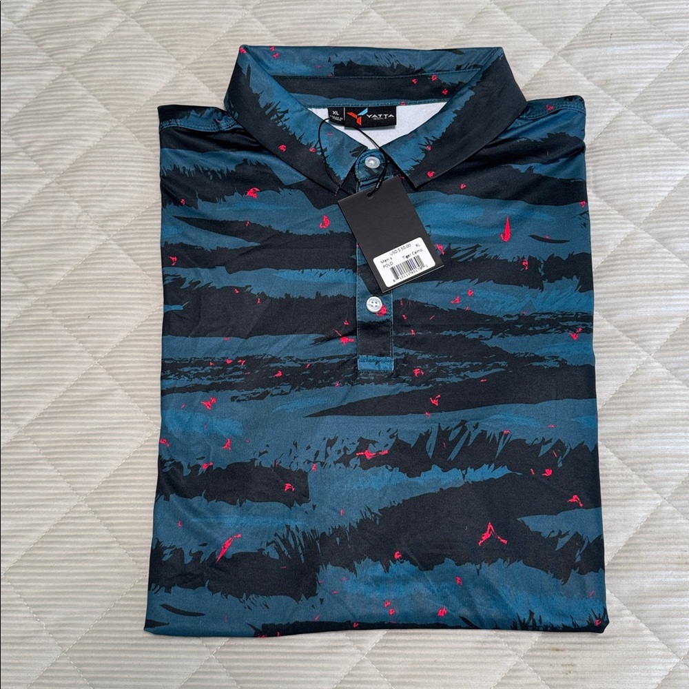 NWT Yatta Polo Mens X Large Blue Tiger Camo Flakes Athletic Golf Shirt